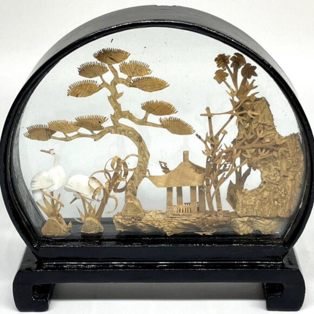 Vintage Chinese Cork Diorama 4" Art in Glass Shadow Box Lacquer‎ Frame Glass - Picture 2 of 9